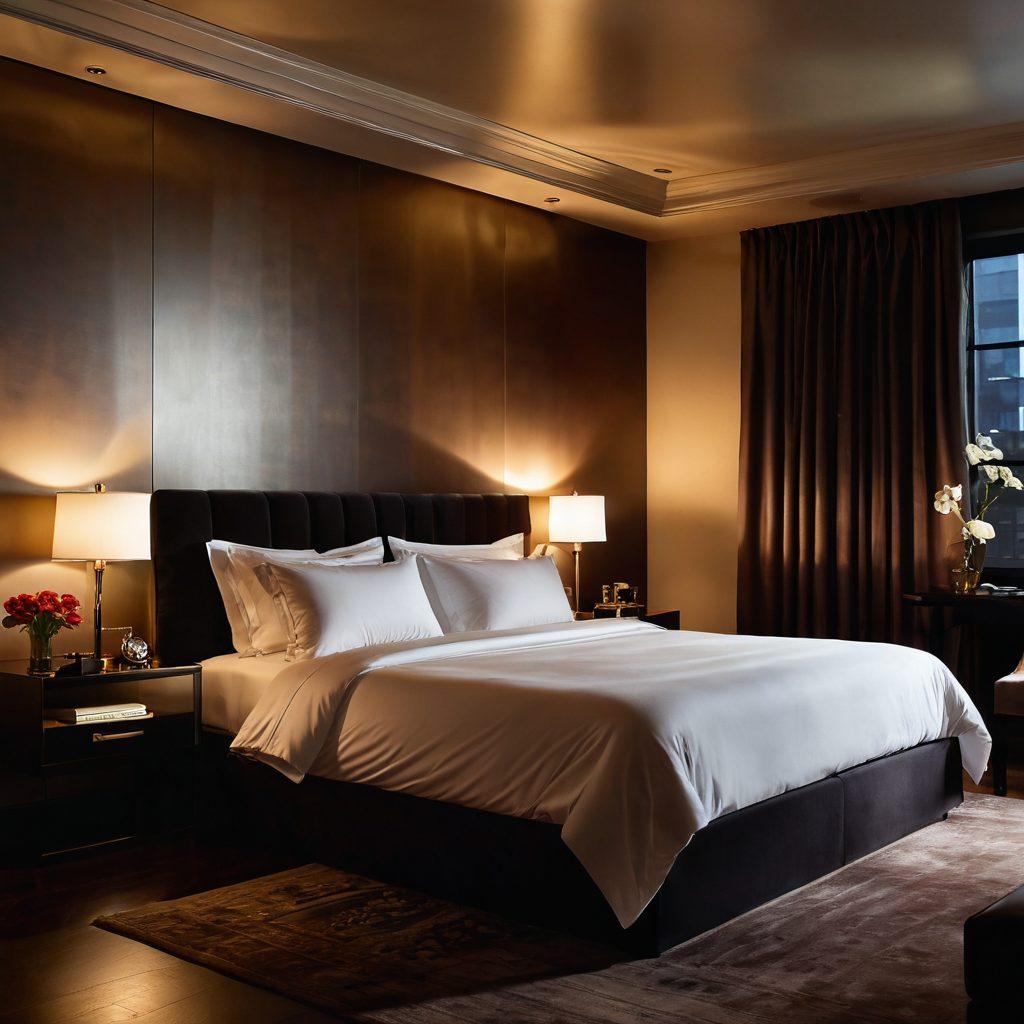 A glamorous and sophisticated setting featuring soft ambient lighting, elegant silk sheets, and a hint of sensuality through tasteful art pieces. A subtle interplay of shadows and light dances across the scene, inviting the viewer to explore intimacy and allure. A vintage film projector casts flickering images onto the wall, hinting at the world of premium erotic experiences. Stylish, modern furnishings complement the atmosphere, suggesting a luxurious escape. super-realistic. warm tones. elegant composition.