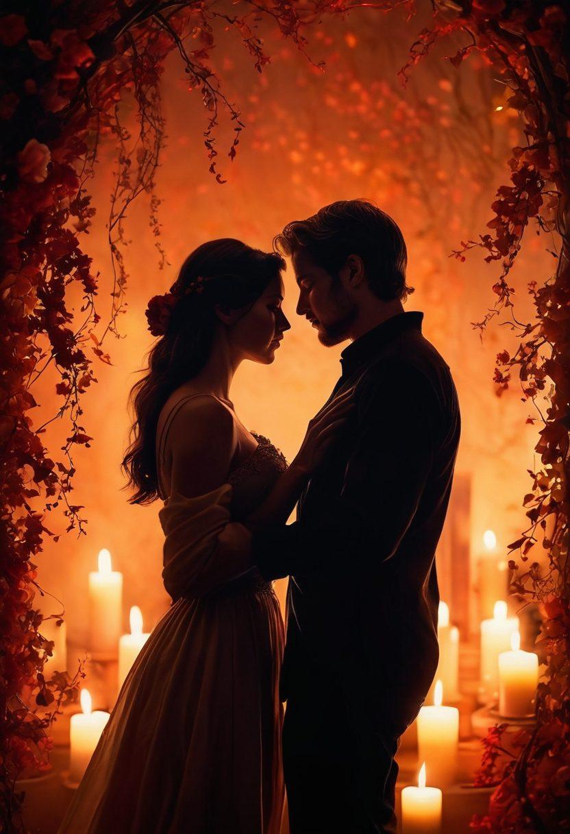 A captivating scene of two silhouetted figures embracing in a gentle, intimate moment, surrounded by soft, blurred candles and flowering vines, symbolizing passion and connection. The background unfolds into a dreamy landscape, suggesting a journey into the realm of intimate films. Warm, inviting tones create an atmosphere of romance and allure. artistic, soft-focus, warm colors. vibrant bokeh effect.